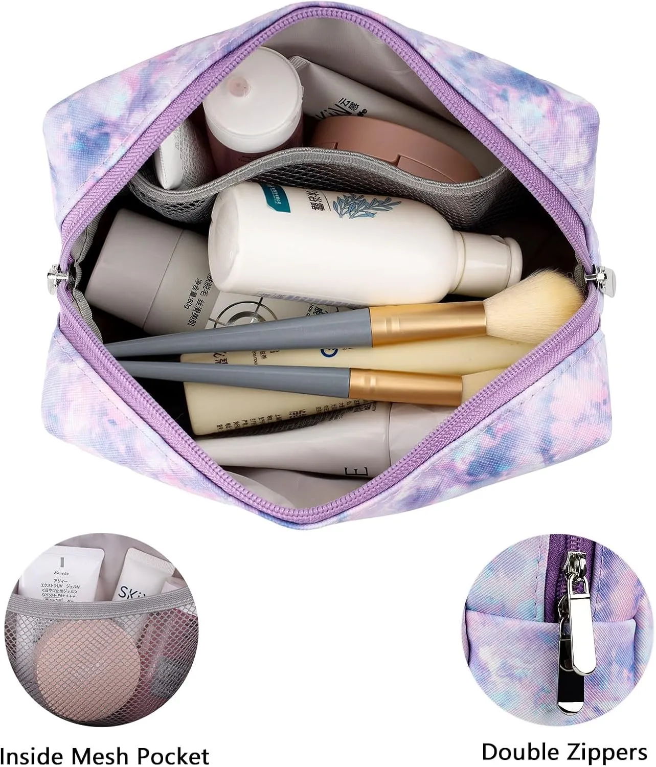 Makeup Bag For Girls, Travel Cosmetic Bag For Teens Girls Kids Cute Small Makeup Bag for Purse Waterproof Zipper Pouch, Tie Dye Purple