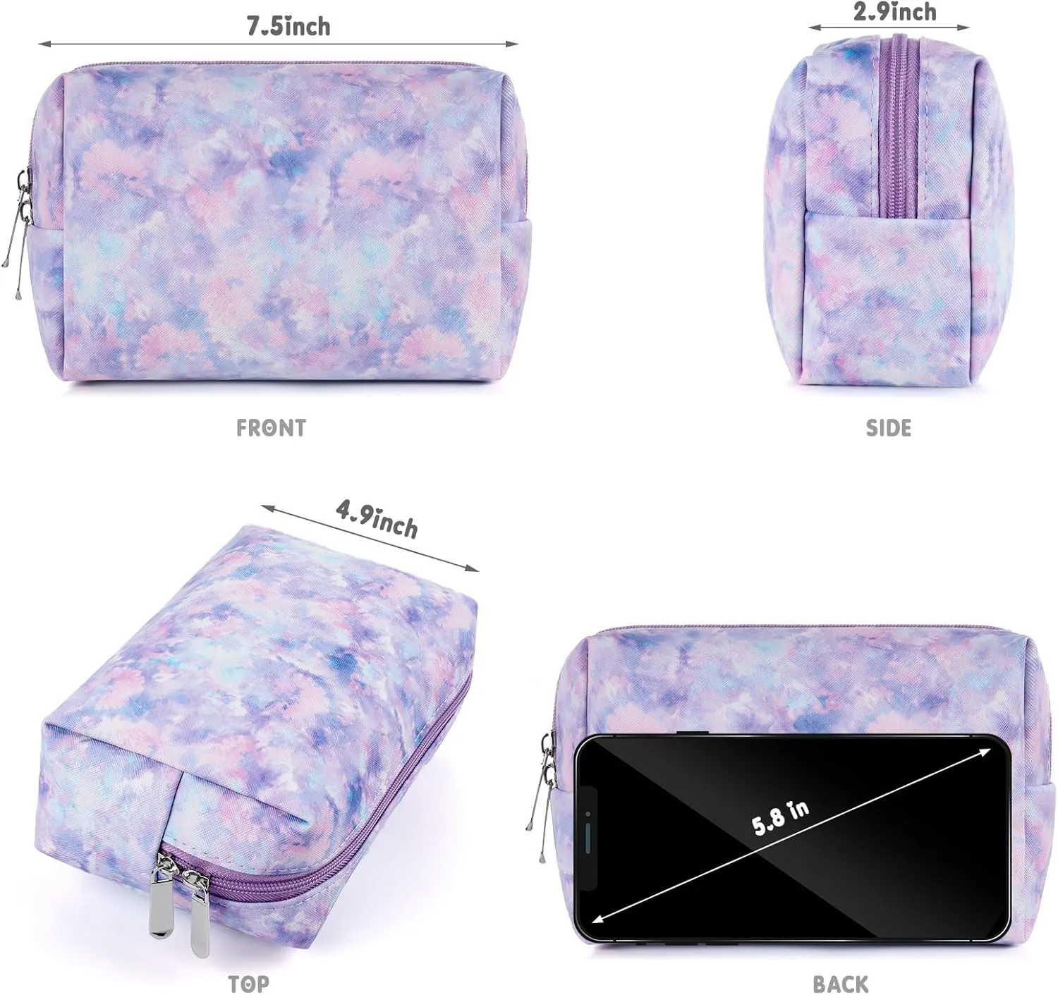 Makeup Bag For Girls, Travel Cosmetic Bag For Teens Girls Kids Cute Small Makeup Bag for Purse Waterproof Zipper Pouch, Tie Dye Purple