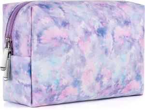 Makeup Bag For Girls, Travel Cosmetic Bag For Teens Girls Kids Cute Small Makeup Bag for Purse Waterproof Zipper Pouch, Tie Dye Purple