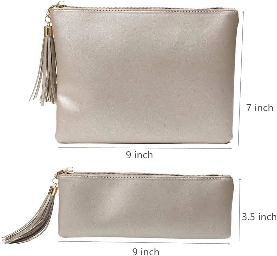 Makeup Bag for Purse Leather Zipper Makeup Pouch with Makeup Brush Bag Cute Makeup Bags for Women Travel (Champagne)