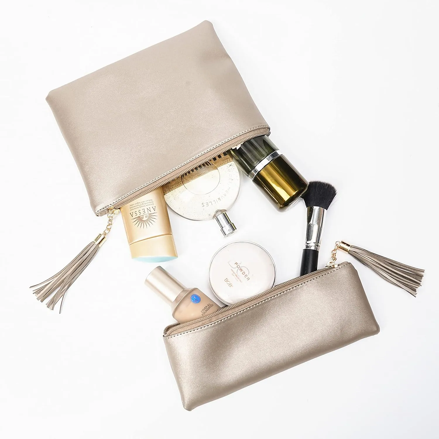 Makeup Bag for Purse Leather Zipper Makeup Pouch with Makeup Brush Bag Cute Makeup Bags for Women Travel (Champagne)
