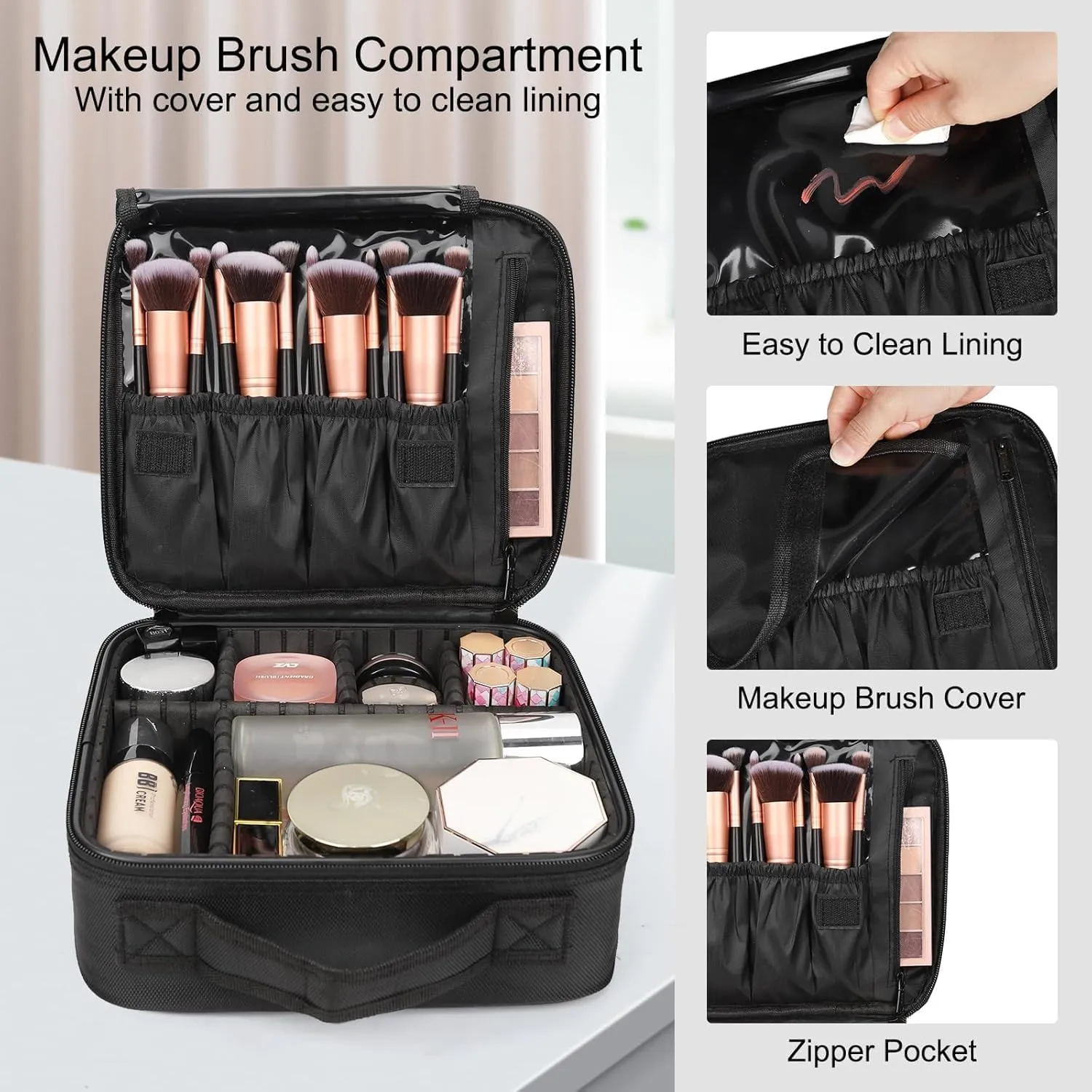 Makeup Bag | Waterproof Travel Cosmetic Organizer with Adjustable Dividers | Portable Beauty Case for Brushes, Toiletries & Accessories (Black, Large)