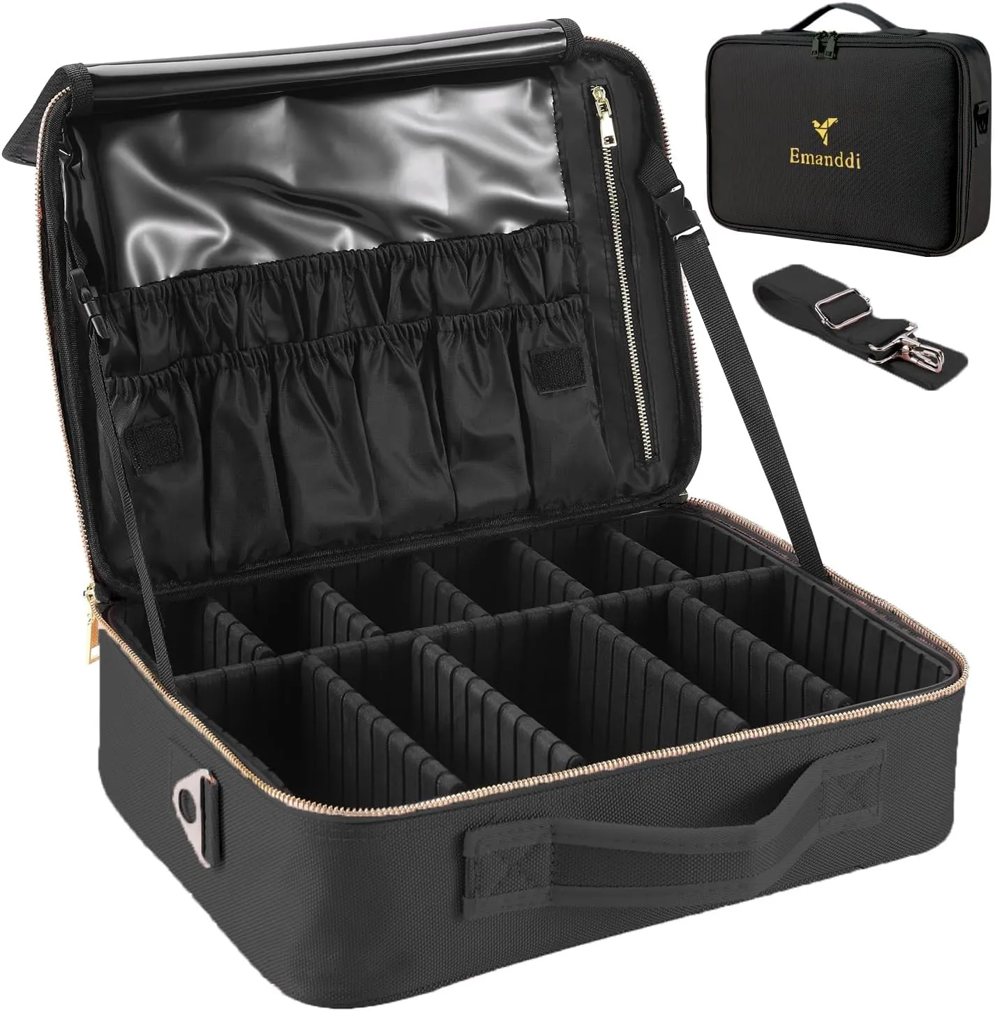 Makeup Bag | Waterproof Travel Cosmetic Organizer with Adjustable Dividers | Portable Beauty Case for Brushes, Toiletries & Accessories (Black, Large)