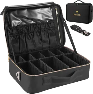 Makeup Bag | Waterproof Travel Cosmetic Organizer with Adjustable Dividers | Portable Beauty Case for Brushes, Toiletries & Accessories (Black, Large)