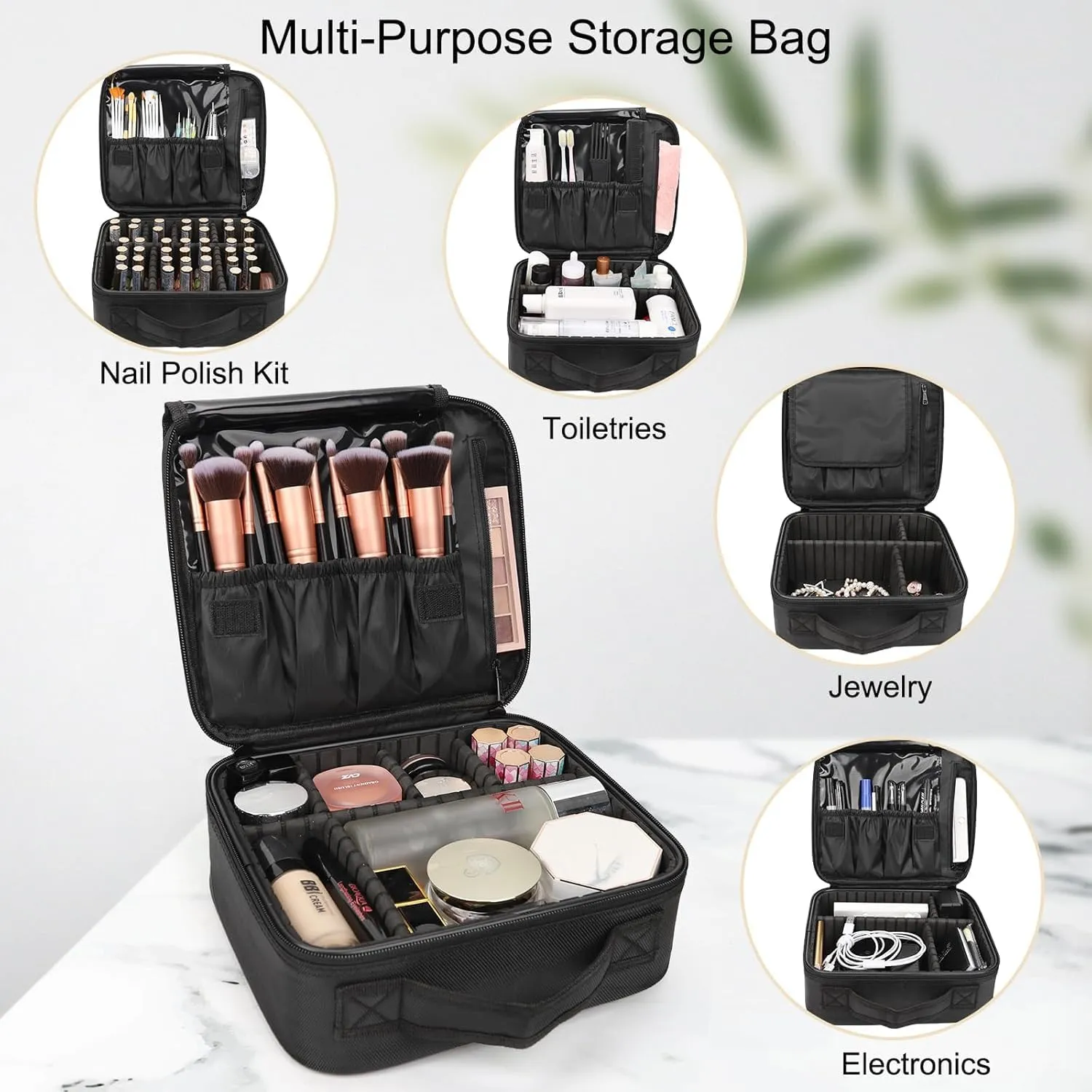Makeup Bag | Waterproof Travel Cosmetic Organizer with Adjustable Dividers | Portable Beauty Case for Brushes, Toiletries & Accessories (Black, Large)
