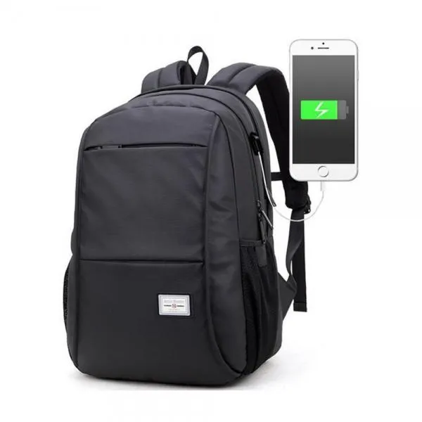 Man Computer Rucksack Travel Waterproof Backpack with USB Port Black