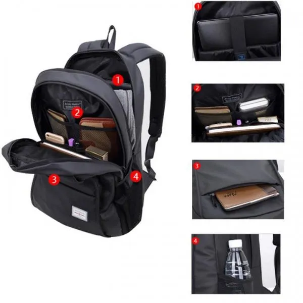 Man Computer Rucksack Travel Waterproof Backpack with USB Port Black