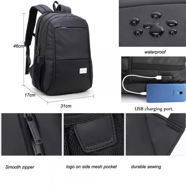 Man Computer Rucksack Travel Waterproof Backpack with USB Port Black