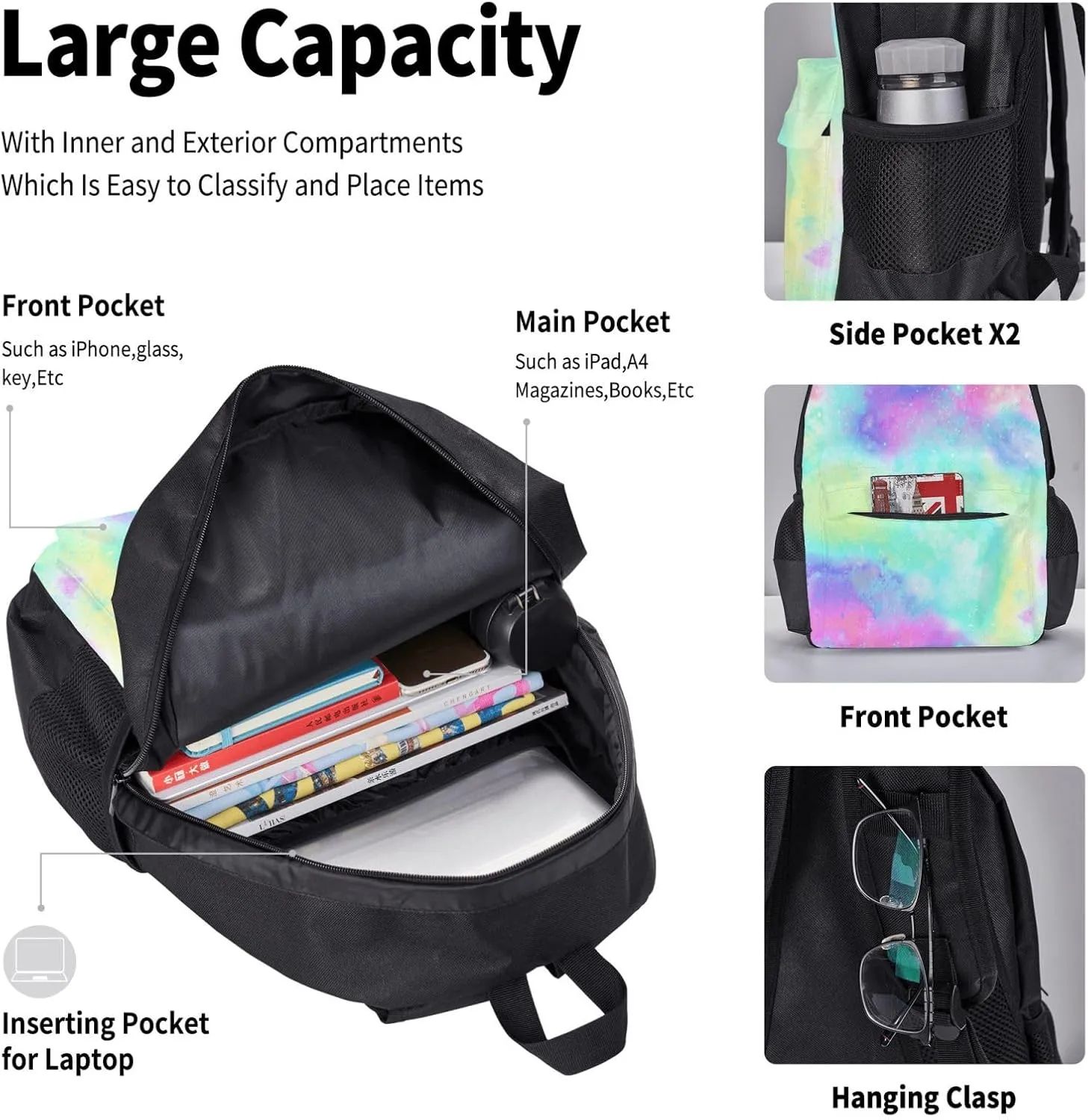 Marble Galaxy Rainbow Multifunctional Pocket Backpack Crossbody Lunch Bag Pencil Case 3Pcs Set Large Capacity Backpack