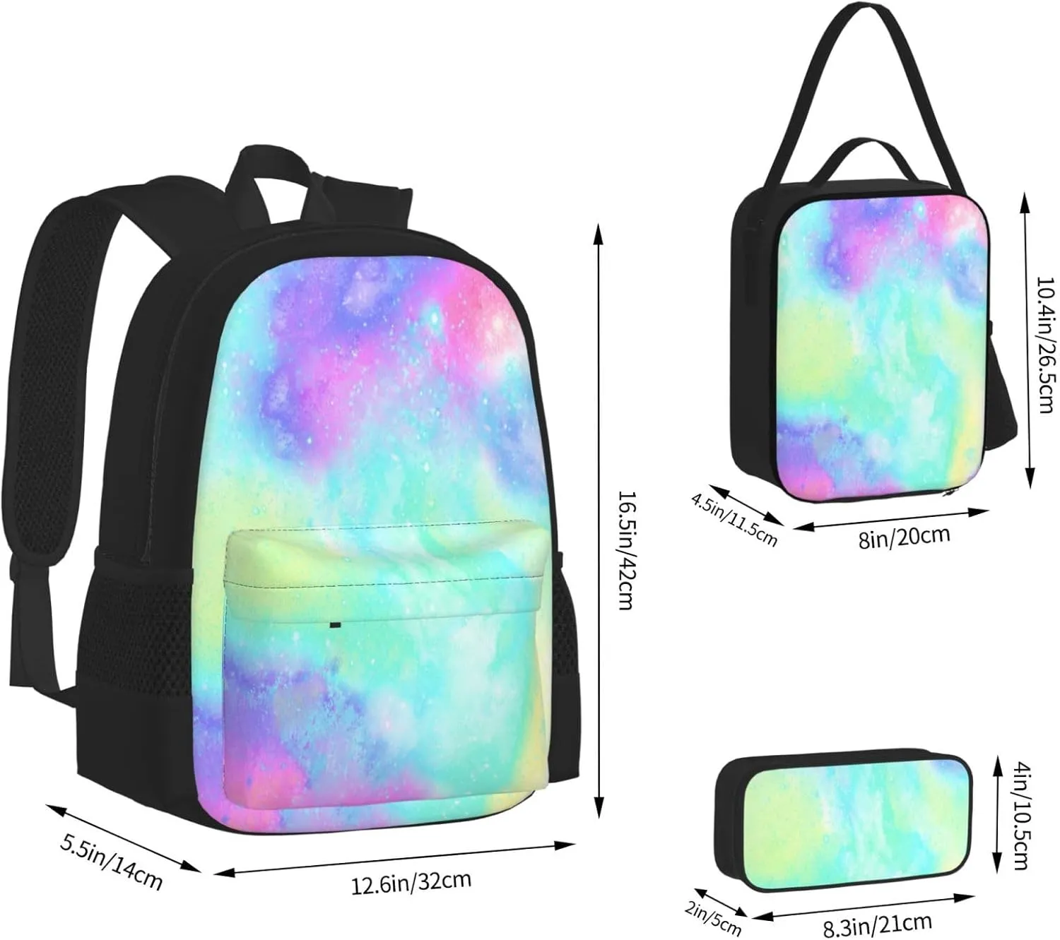 Marble Galaxy Rainbow Multifunctional Pocket Backpack Crossbody Lunch Bag Pencil Case 3Pcs Set Large Capacity Backpack