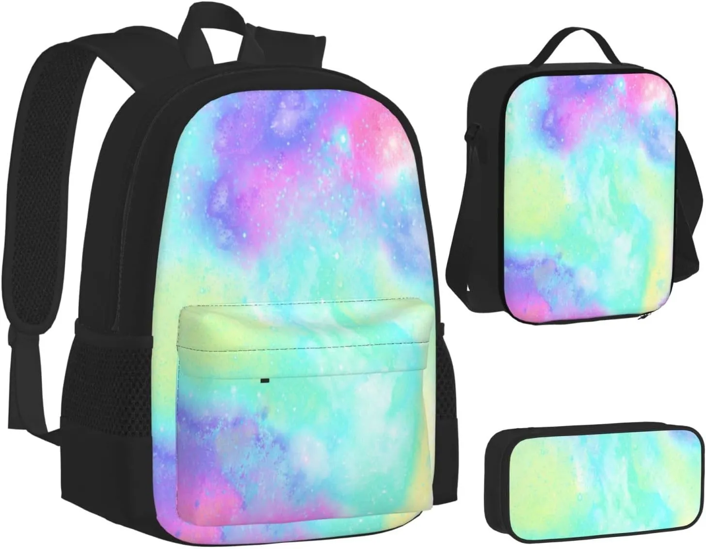 Marble Galaxy Rainbow Multifunctional Pocket Backpack Crossbody Lunch Bag Pencil Case 3Pcs Set Large Capacity Backpack