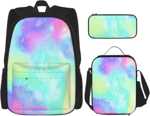 Marble Galaxy Rainbow Multifunctional Pocket Backpack Crossbody Lunch Bag Pencil Case 3Pcs Set Large Capacity Backpack