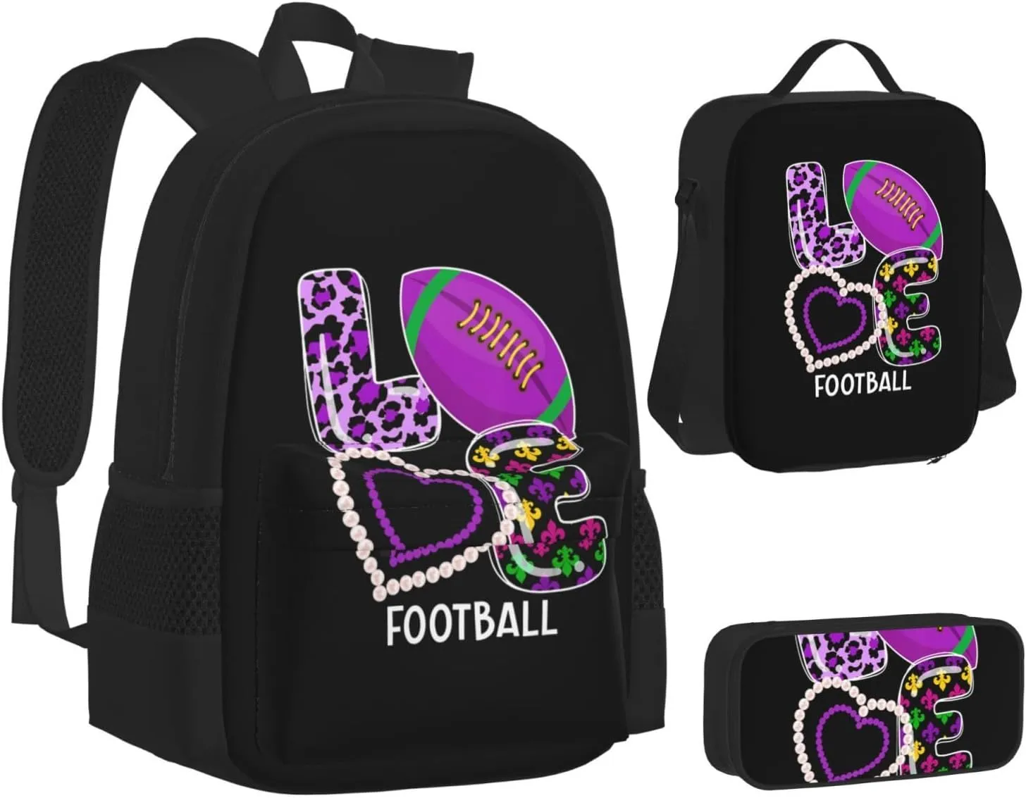 Mardi Gras Sports Football Lover Multifunctional Pocket Backpack Crossbody Lunch Bag Pencil Case 3Pcs Set Large Capacity Backpack