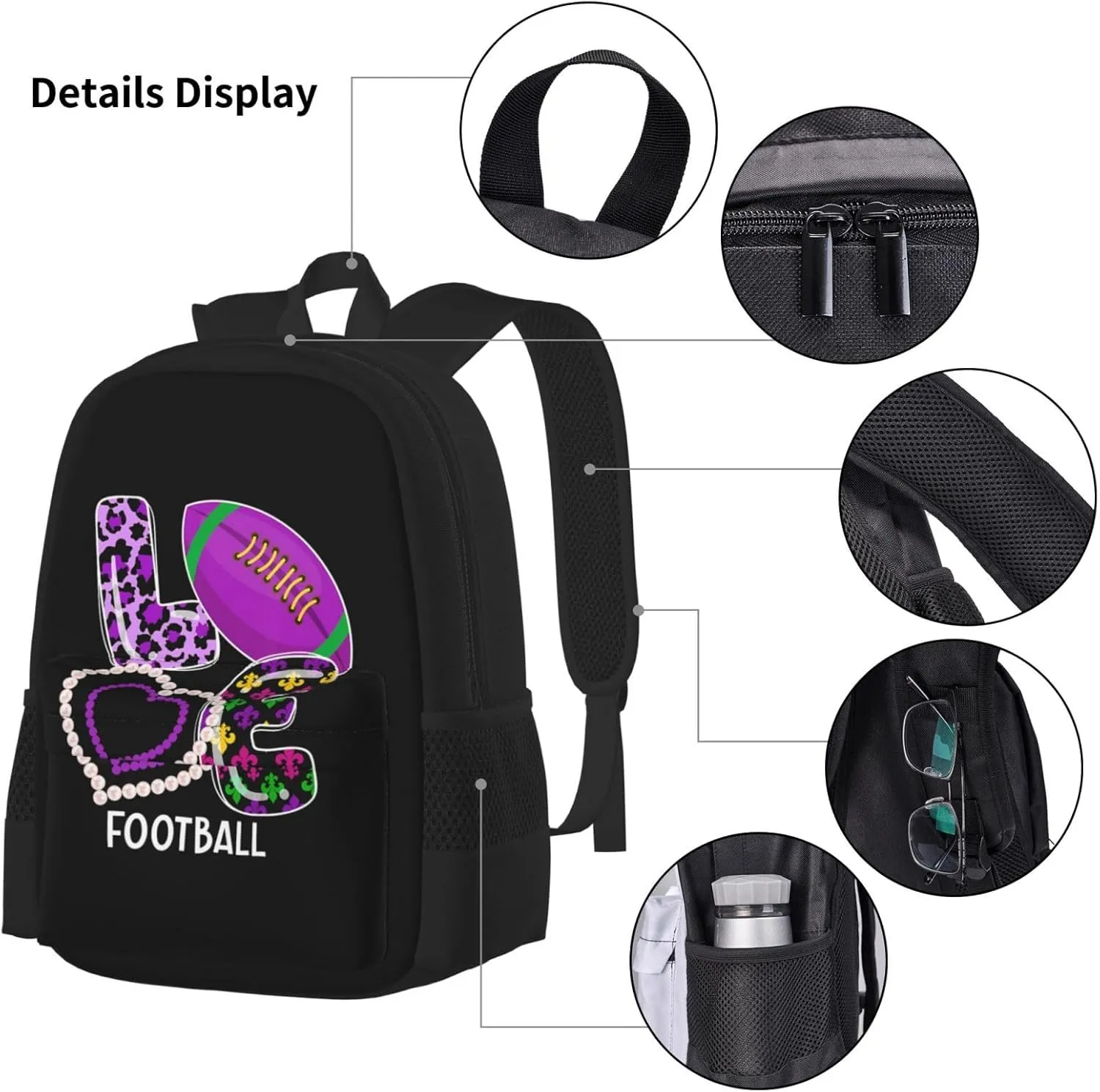 Mardi Gras Sports Football Lover Multifunctional Pocket Backpack Crossbody Lunch Bag Pencil Case 3Pcs Set Large Capacity Backpack