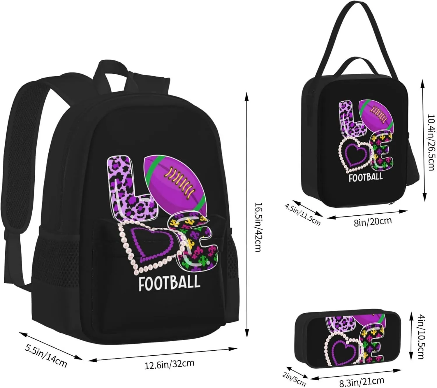 Mardi Gras Sports Football Lover Multifunctional Pocket Backpack Crossbody Lunch Bag Pencil Case 3Pcs Set Large Capacity Backpack