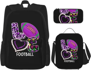 Mardi Gras Sports Football Lover Multifunctional Pocket Backpack Crossbody Lunch Bag Pencil Case 3Pcs Set Large Capacity Backpack