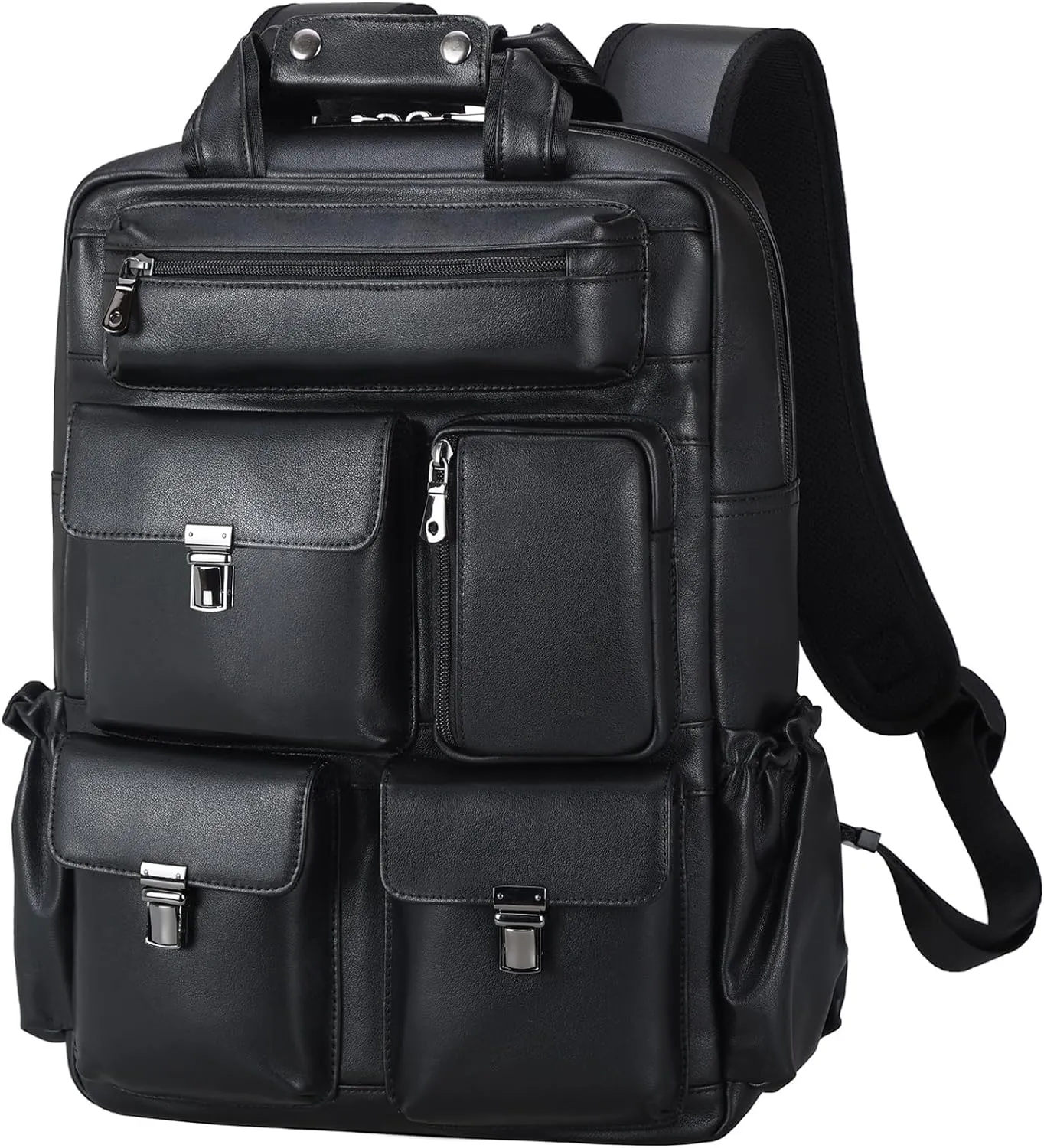 Masa Kawa Black Leather Backpack for Men 15.6 Inch Laptop Bag Multi Pockets Rucksack Casual Business Work Travel Daypack