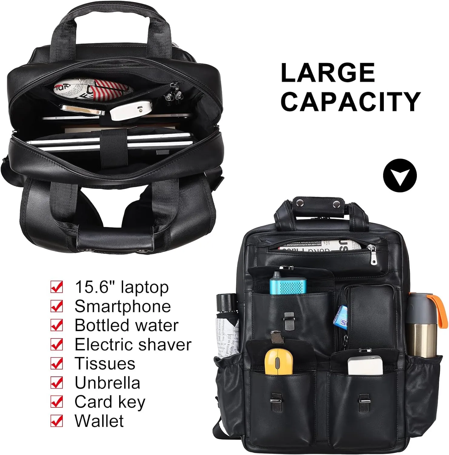 Masa Kawa Black Leather Backpack for Men 15.6 Inch Laptop Bag Multi Pockets Rucksack Casual Business Work Travel Daypack