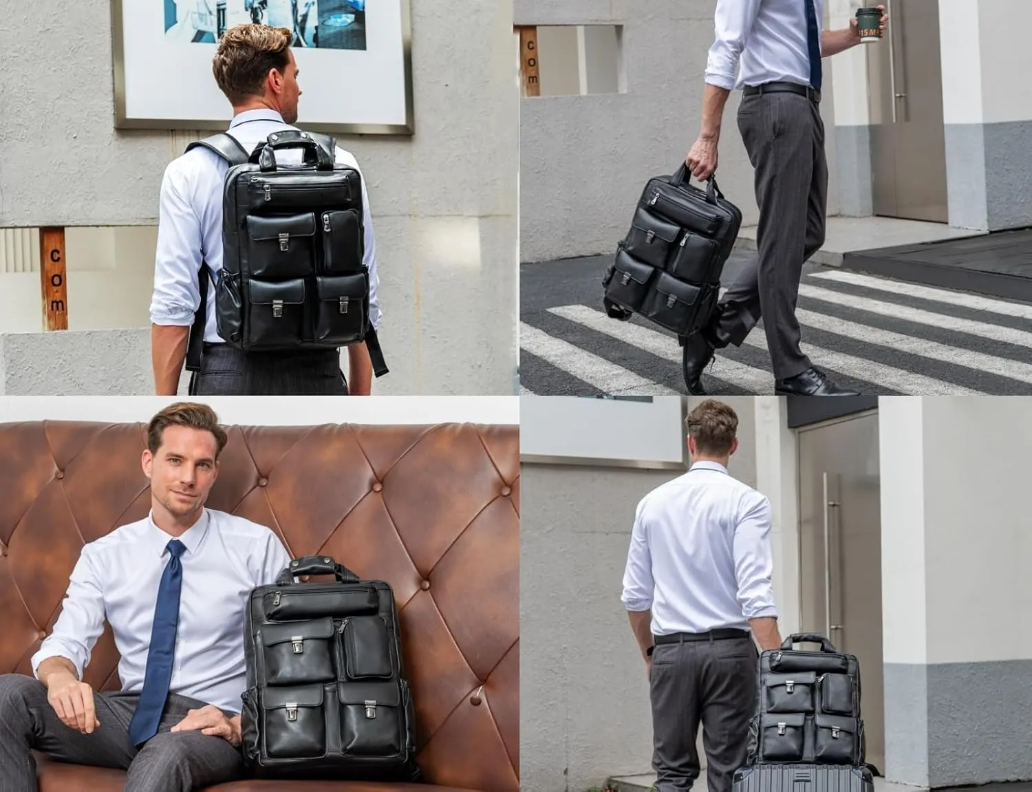 Masa Kawa Black Leather Backpack for Men 15.6 Inch Laptop Bag Multi Pockets Rucksack Casual Business Work Travel Daypack
