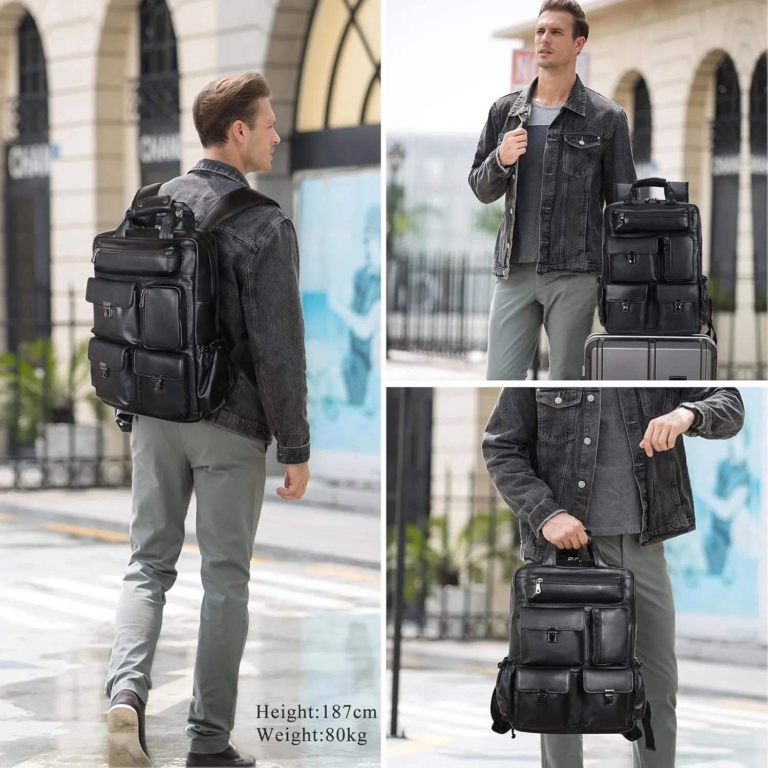 Masa Kawa Black Leather Backpack for Men 15.6 Inch Laptop Bag Multi Pockets Rucksack Casual Business Work Travel Daypack