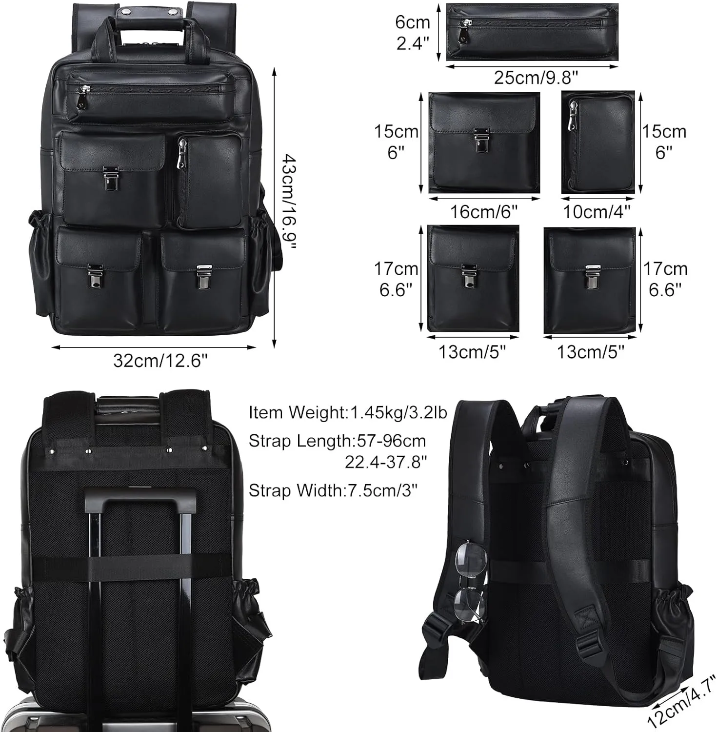 Masa Kawa Black Leather Backpack for Men 15.6 Inch Laptop Bag Multi Pockets Rucksack Casual Business Work Travel Daypack