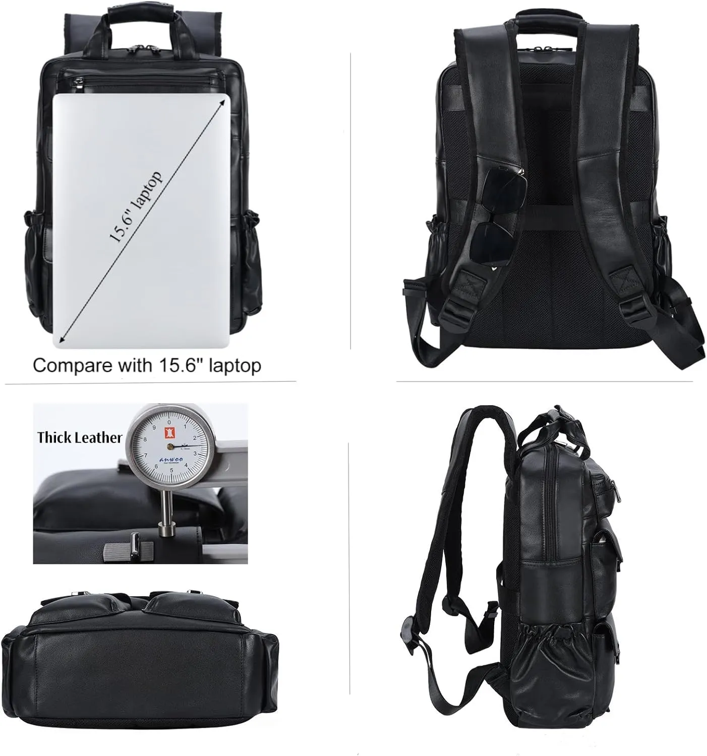 Masa Kawa Black Leather Backpack for Men 15.6 Inch Laptop Bag Multi Pockets Rucksack Casual Business Work Travel Daypack