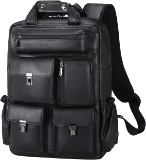 Masa Kawa Black Leather Backpack for Men 15.6 Inch Laptop Bag Multi Pockets Rucksack Casual Business Work Travel Daypack