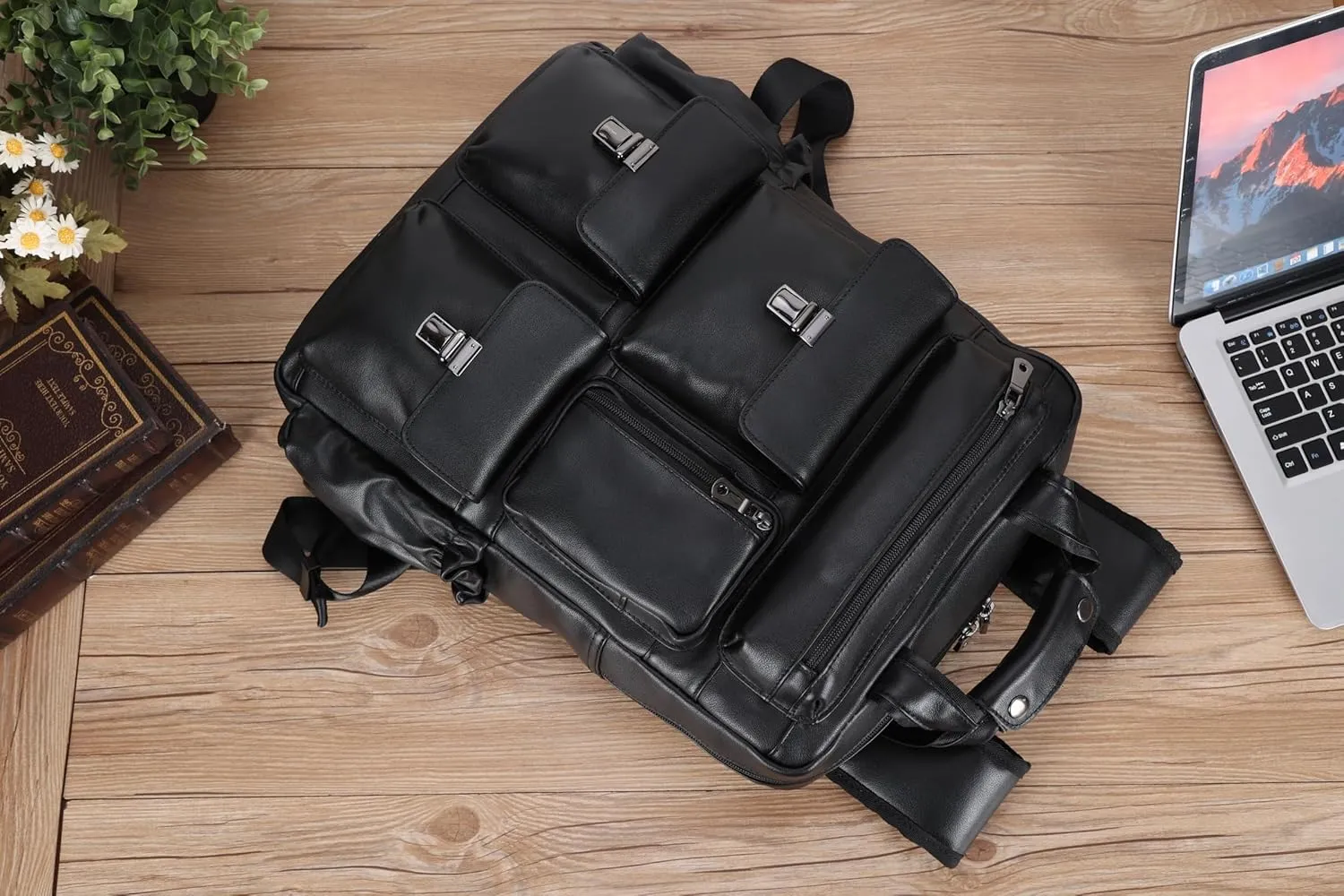 Masa Kawa Black Leather Backpack for Men 15.6 Inch Laptop Bag Multi Pockets Rucksack Casual Business Work Travel Daypack