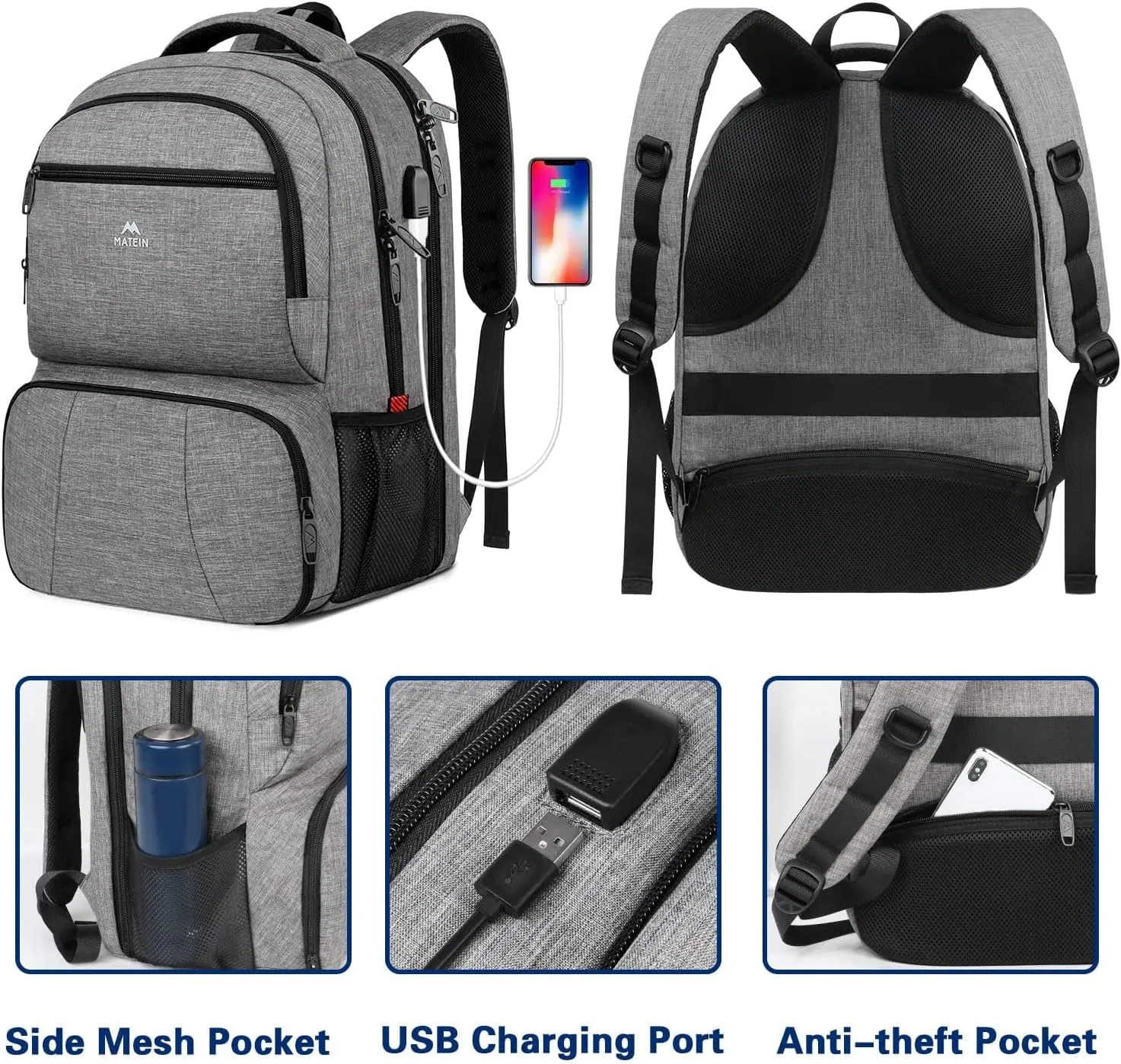 MATEIN Lunch Backpack, 17 inch Insulated Cooler Backpack with USB Charging Port for Women Men, Water Resistant College Lunch Box Backpack with Laptop Compartment for Work Picnic Travel Beach, Gifts