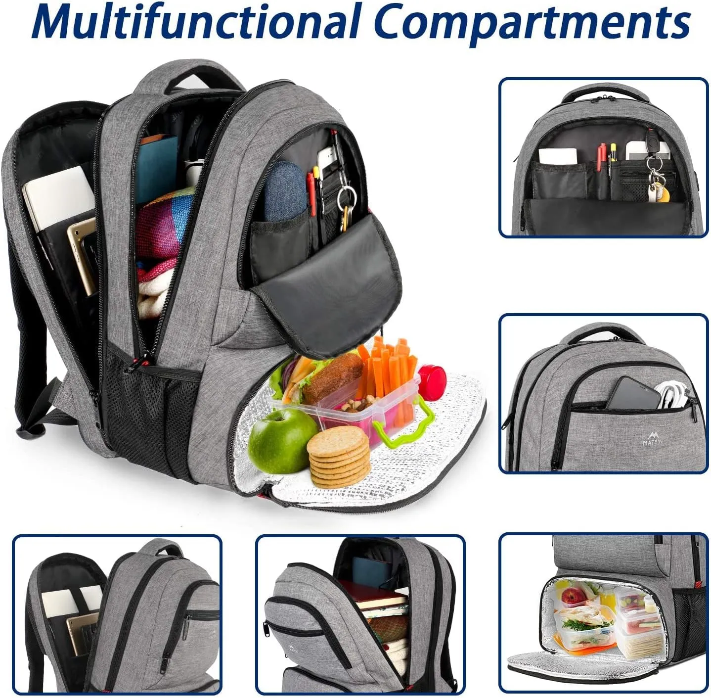 MATEIN Lunch Backpack, 17 inch Insulated Cooler Backpack with USB Charging Port for Women Men, Water Resistant College Lunch Box Backpack with Laptop Compartment for Work Picnic Travel Beach, Gifts