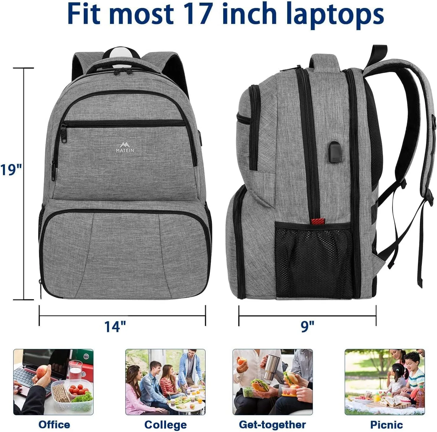 MATEIN Lunch Backpack, 17 inch Insulated Cooler Backpack with USB Charging Port for Women Men, Water Resistant College Lunch Box Backpack with Laptop Compartment for Work Picnic Travel Beach, Gifts