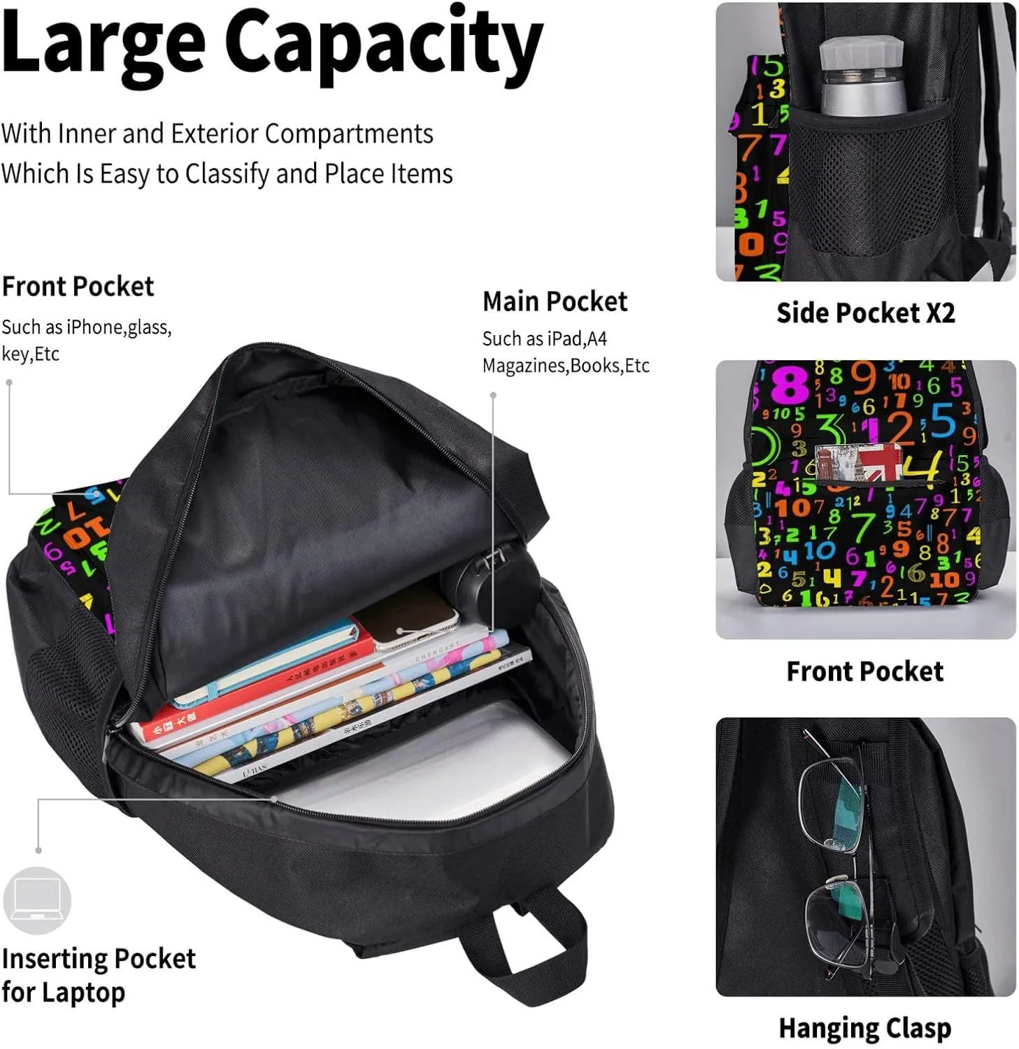 Math Mathematics Multifunctional Pocket Backpack Crossbody Lunch Bag Pencil Case 3Pcs Set Large Capacity Backpack