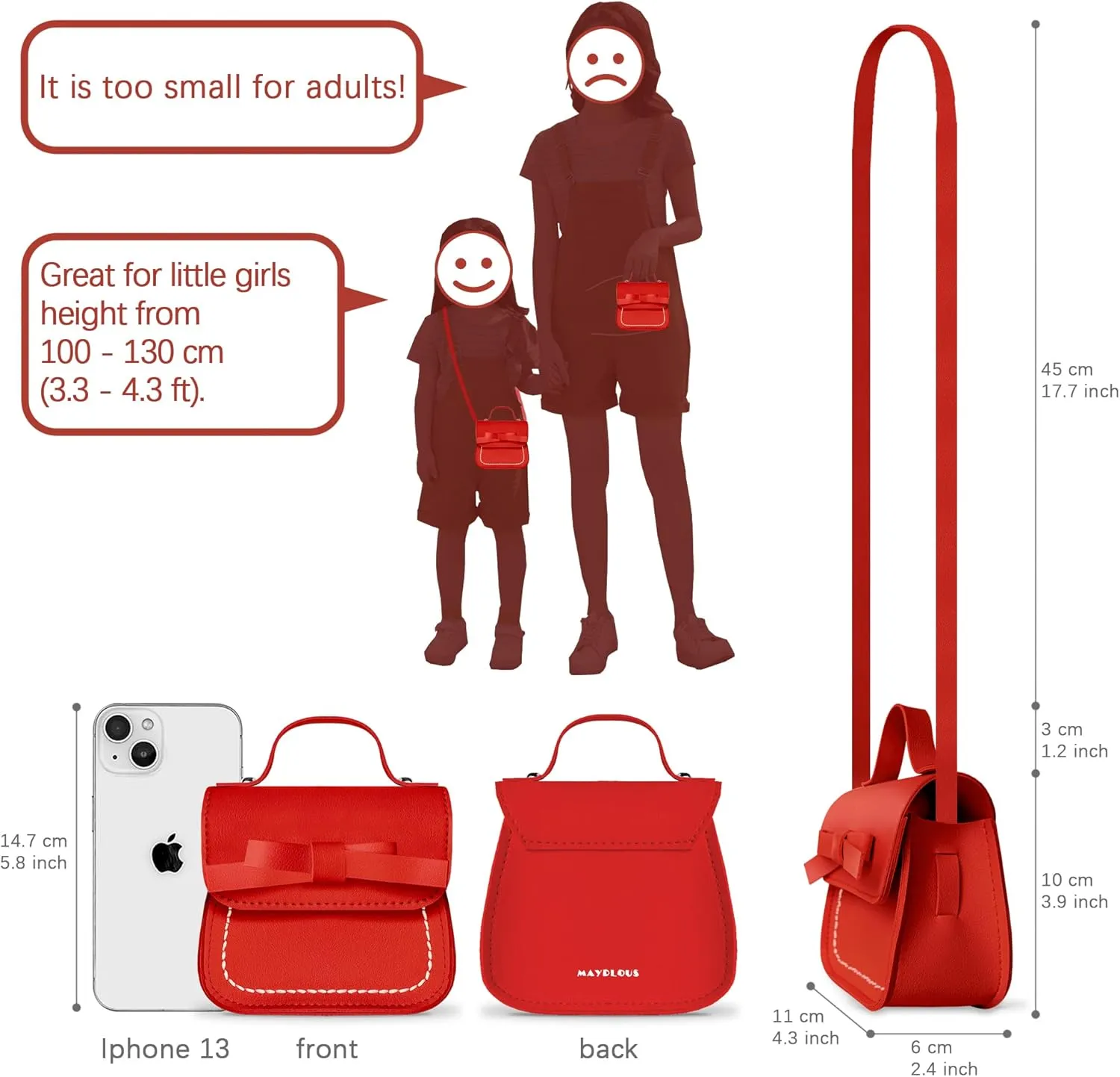 Mayplous Girls Shoulder Bag Handbag Crossbody for Age 2-5 Height 80-110cm/31.5"-43.3"
