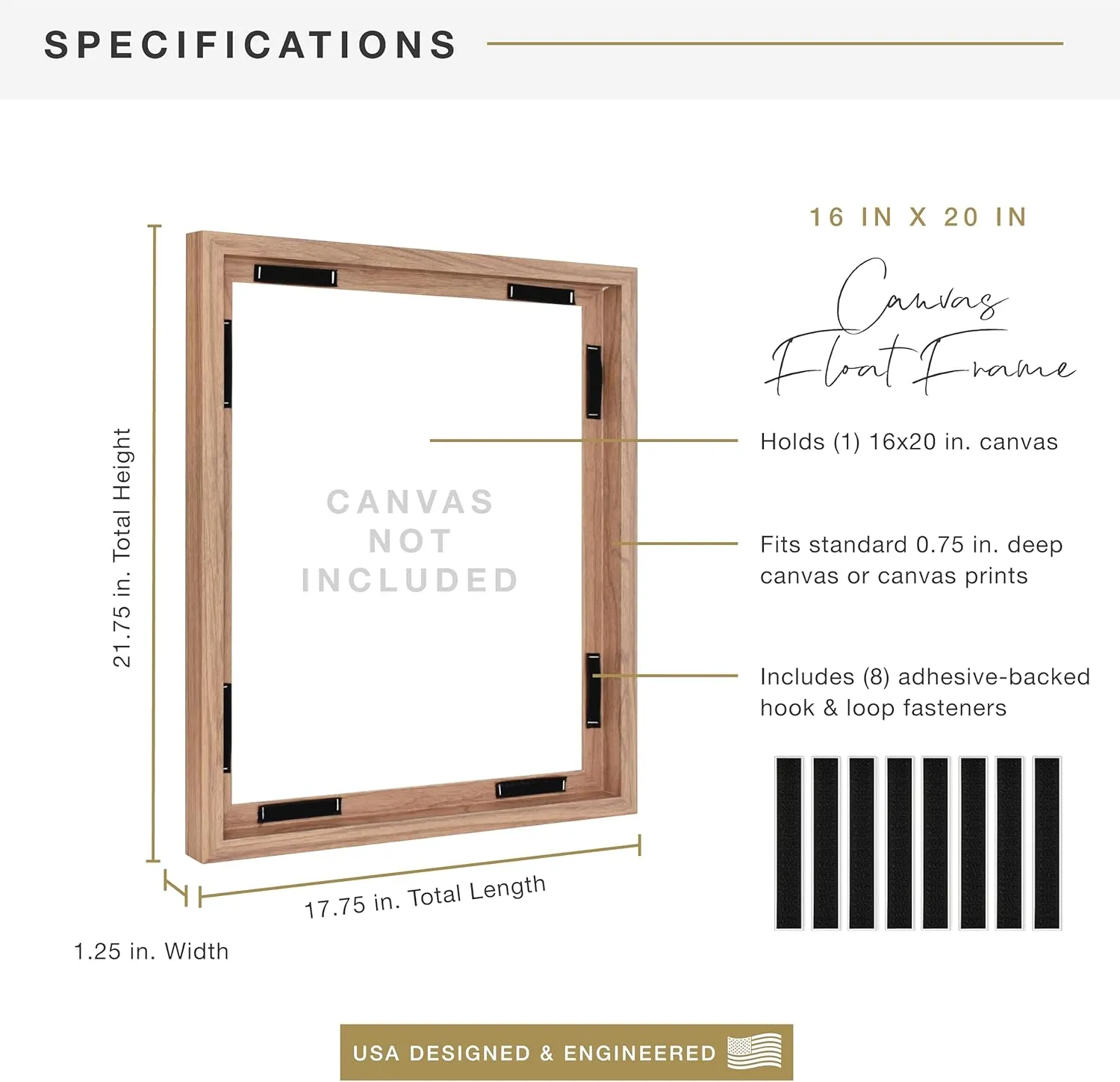 MCS Canvas Float Frames 16x20 Frame, Walnut Woodgrain Frame for Finished Canvases, Vertical & Horizontal Wall Hanging Large Frame with Adhesive for Canvas Paintings (1-Pack)