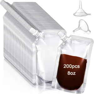 Meanplan 200 Pcs Reusable Plastic Pouches Bulk Plastic Juice Pouches Clear Leak Proof Bags Container with Funnel for Adults Women Men Party Travel Concert Outdoor Sport(8 oz)