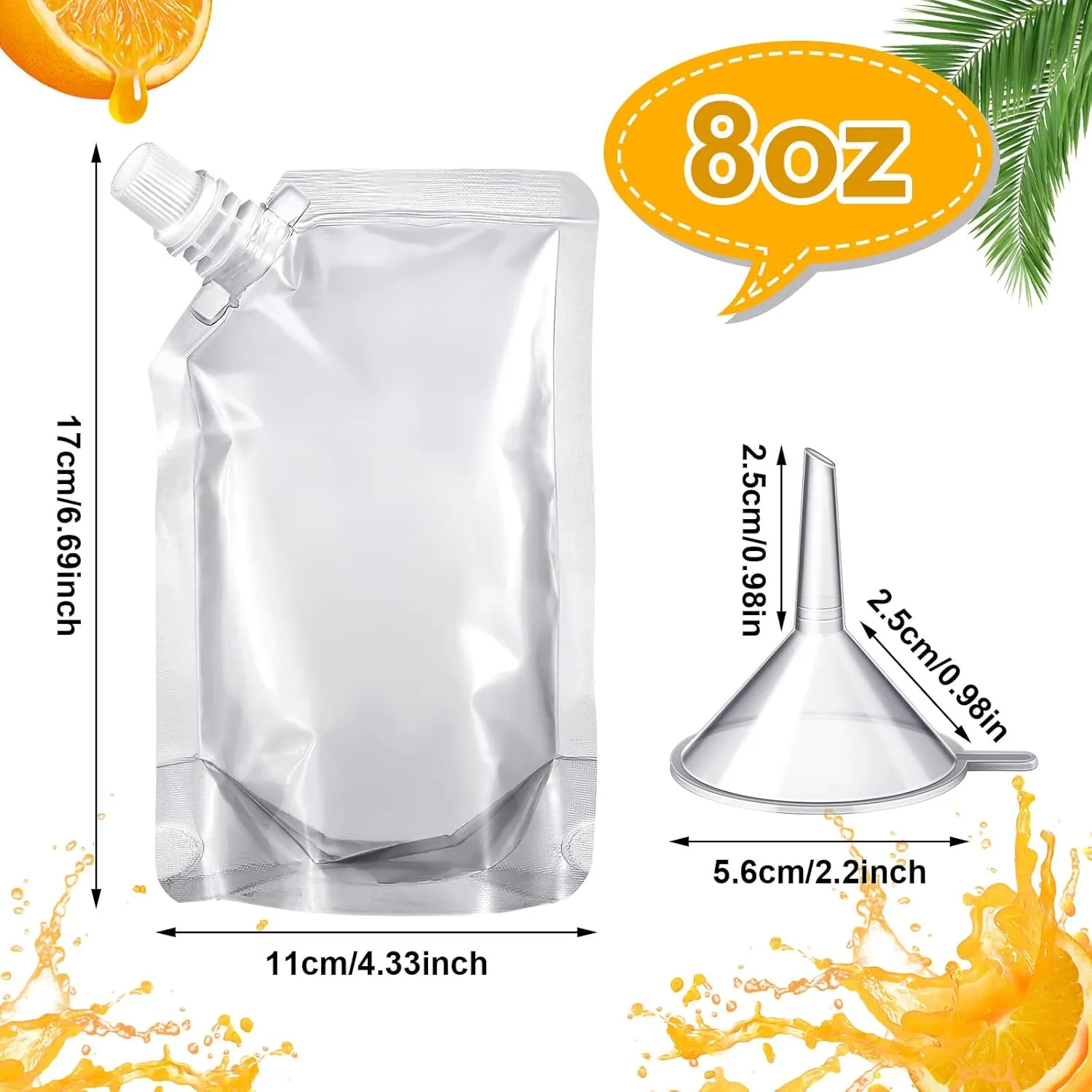Meanplan 200 Pcs Reusable Plastic Pouches Bulk Plastic Juice Pouches Clear Leak Proof Bags Container with Funnel for Adults Women Men Party Travel Concert Outdoor Sport(8 oz)