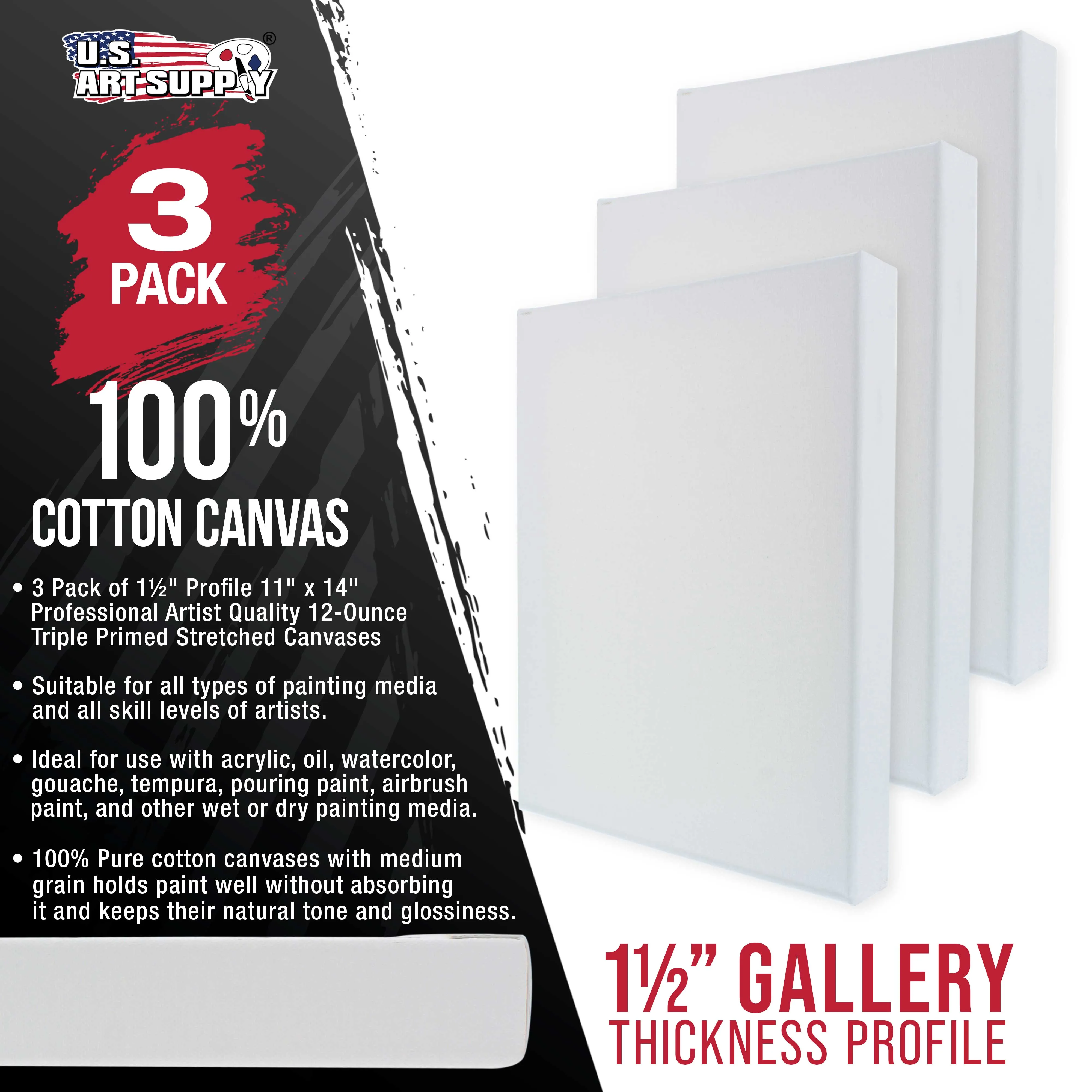 Medium Stretched Canvas for Painting 11x14 inch Gallery Depth 1-1/2" Profile, 3-Pack - 12oz Acrylic Gesso Triple Primed, Professional Artist Quality, 100% Cotton - Oil, Pouring Paint