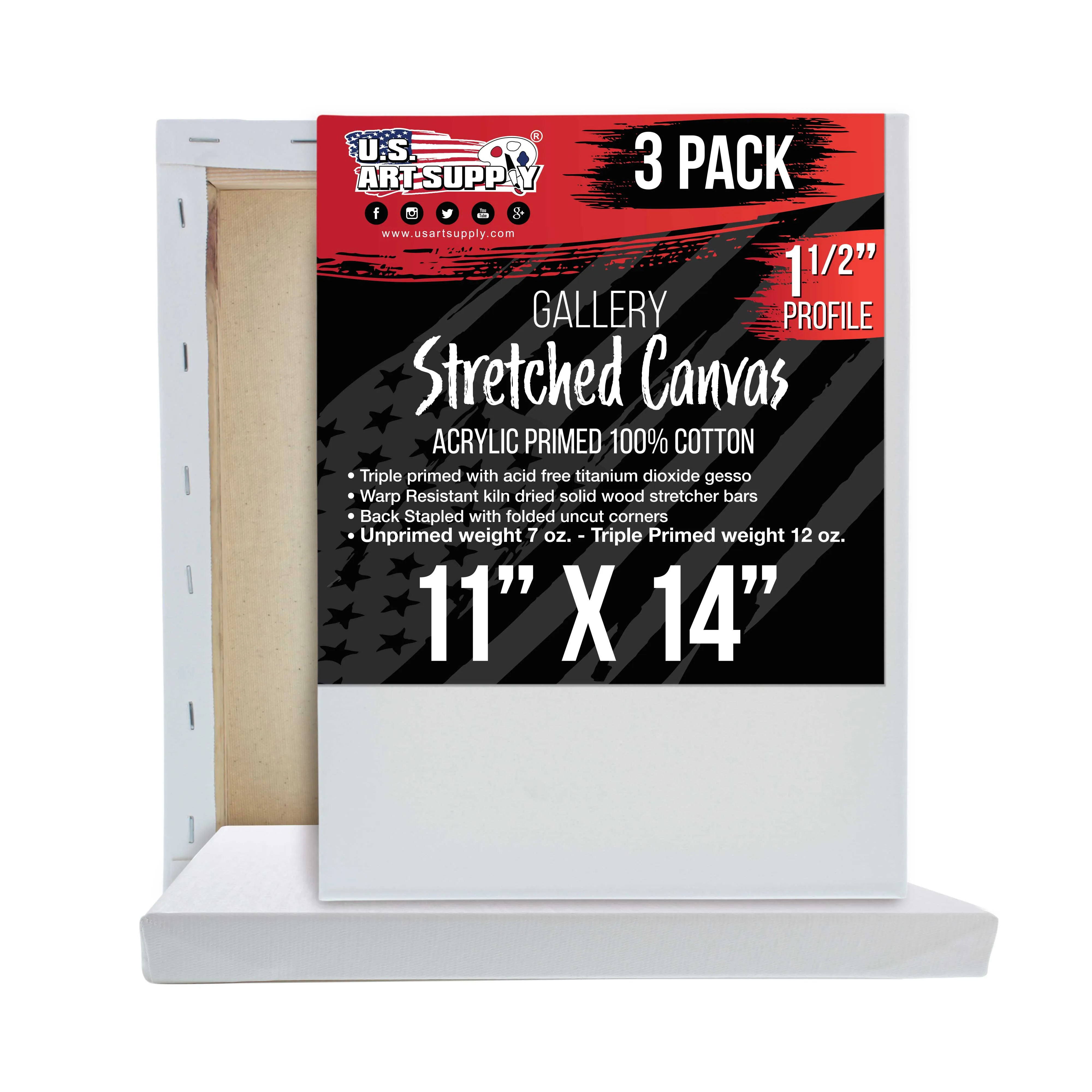 Medium Stretched Canvas for Painting 11x14 inch Gallery Depth 1-1/2" Profile, 3-Pack - 12oz Acrylic Gesso Triple Primed, Professional Artist Quality, 100% Cotton - Oil, Pouring Paint