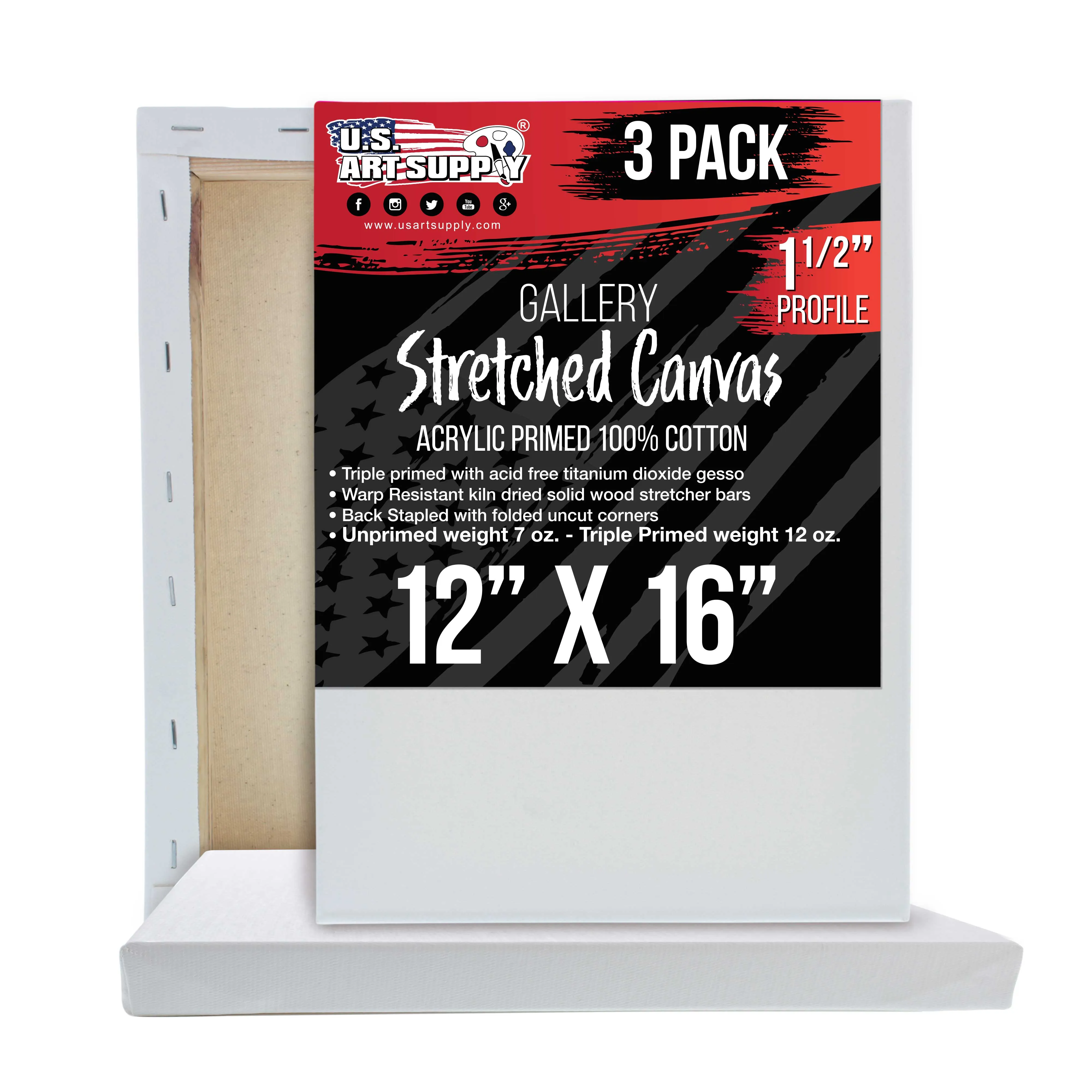 Medium Stretched Canvas for Painting 12x16 inch Gallery Depth 1-1/2" Profile, 3-Pack - 12oz Acrylic Gesso Triple Primed, Professional Artist Quality, 100% Cotton - Oil, Pouring Paint