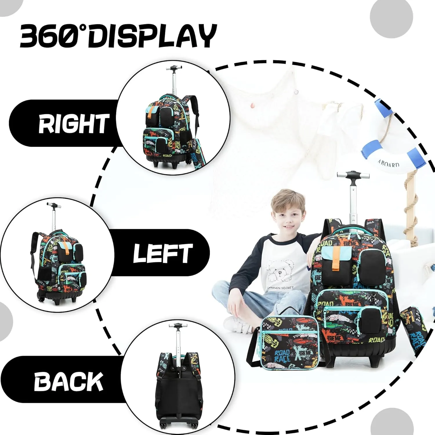 Meetbelify Boys Rolling Backpack with Wheels Kids Travel Luggage with Lunch Box Pencil Case for Elementary Students 18inch Carry on Suitcase for Boys Ages 8-10