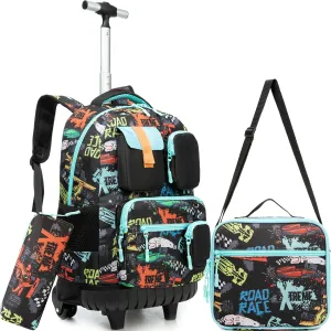 Meetbelify Boys Rolling Backpack with Wheels Kids Travel Luggage with Lunch Box Pencil Case for Elementary Students 18inch Carry on Suitcase for Boys Ages 8-10