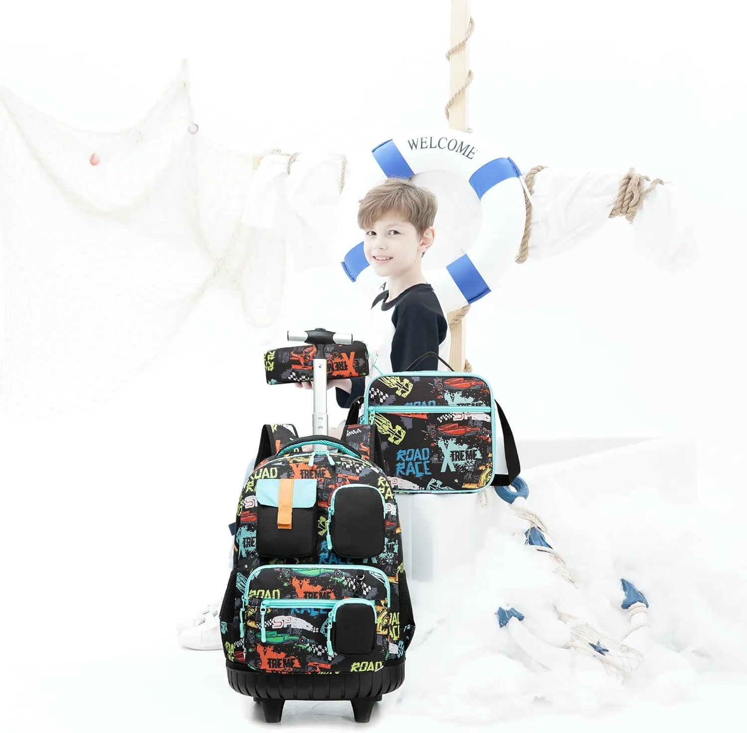 Meetbelify Boys Rolling Backpack with Wheels Kids Travel Luggage with Lunch Box Pencil Case for Elementary Students 18inch Carry on Suitcase for Boys Ages 8-10