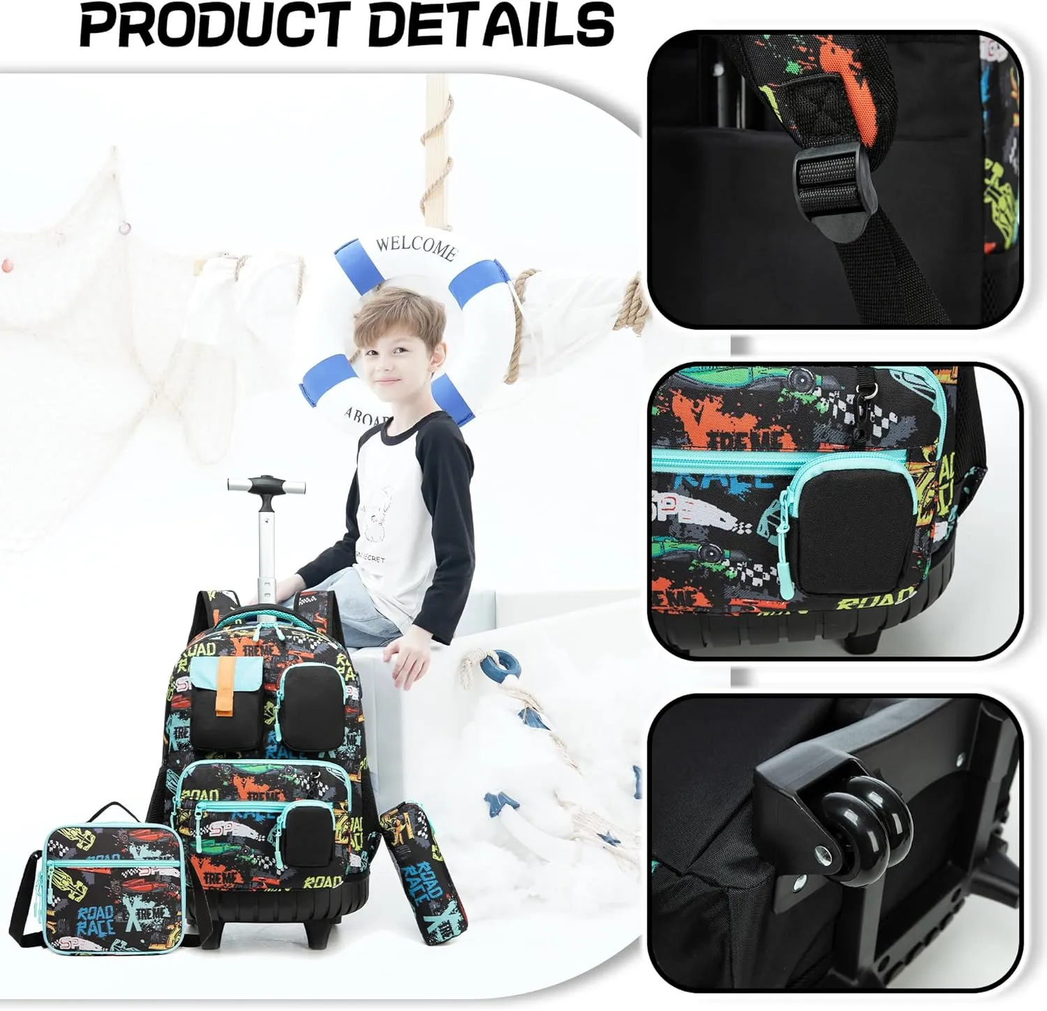 Meetbelify Boys Rolling Backpack with Wheels Kids Travel Luggage with Lunch Box Pencil Case for Elementary Students 18inch Carry on Suitcase for Boys Ages 8-10