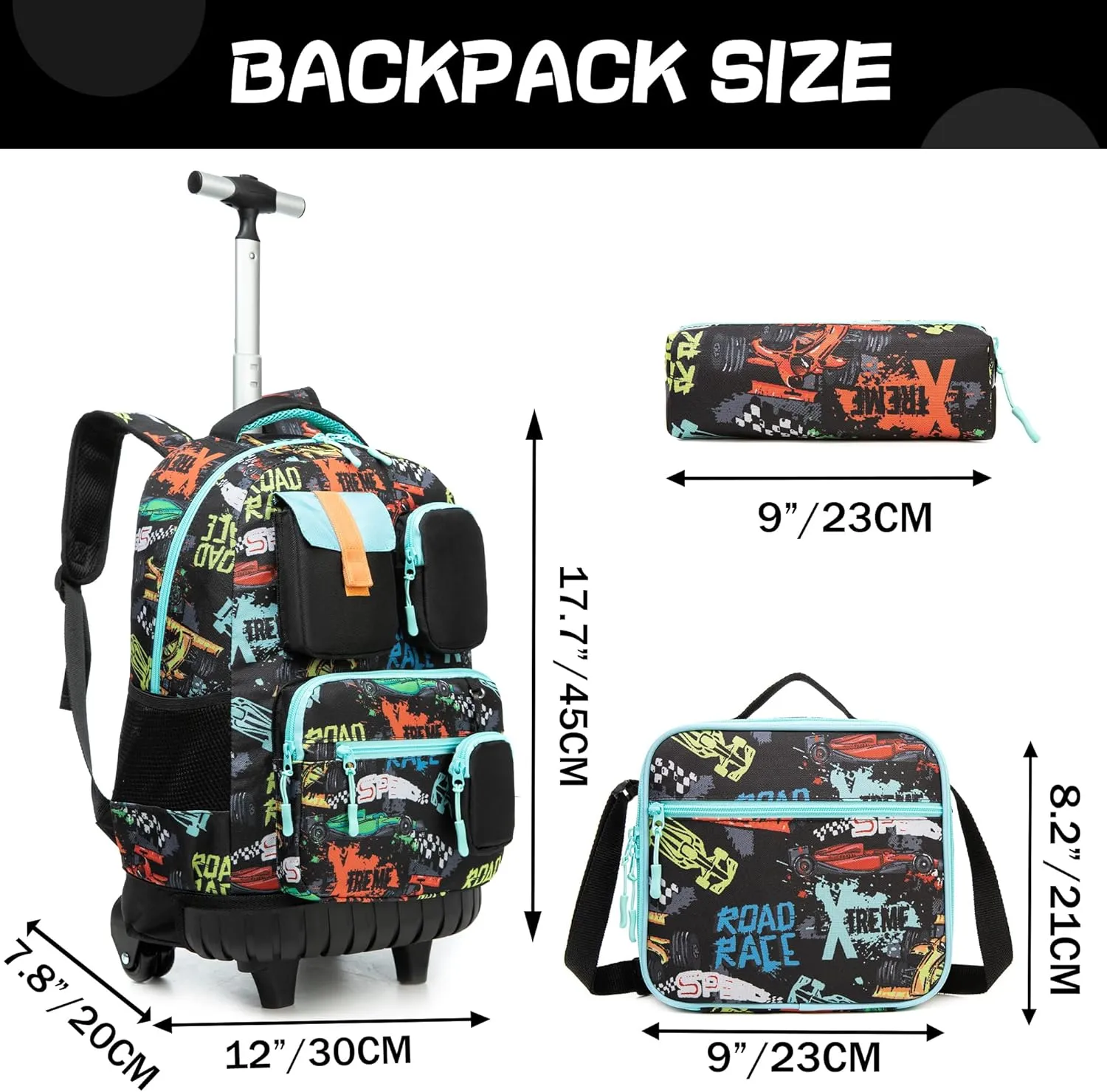 Meetbelify Boys Rolling Backpack with Wheels Kids Travel Luggage with Lunch Box Pencil Case for Elementary Students 18inch Carry on Suitcase for Boys Ages 8-10