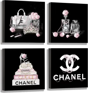 Meetdeceny Black And White Wall Art/Pink Book Pictures Room Decor for Teen Girls/Women Handbag Perfume Wall Decor for Living Room/Fashion Canvas Artwork Size 10"x 10"x 4 Pieces