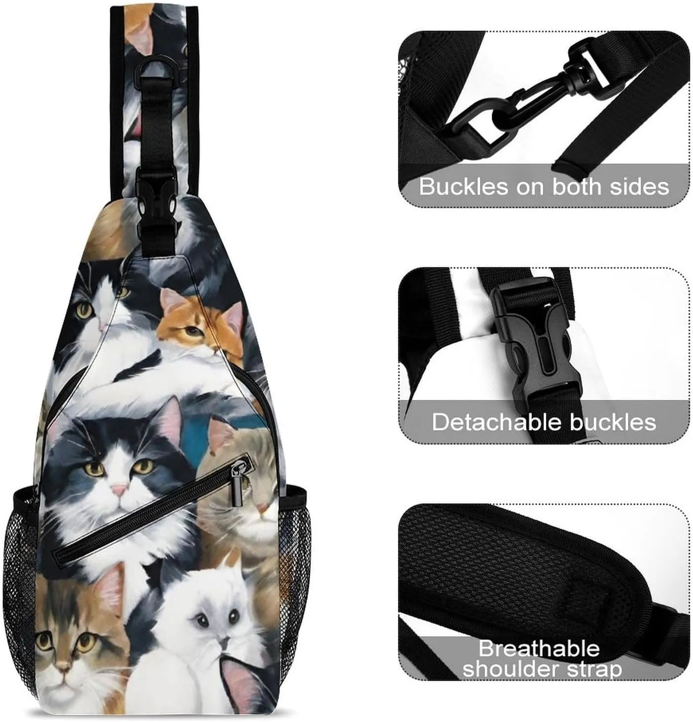 Men & Women Gym Bags Sack Daypack Outdoor Backpack, Cat Breeds Packed Cats Art Sling Bag Backpack Backpacking for Climbing Camping Cycling Travel - Durable Tactical Satchel