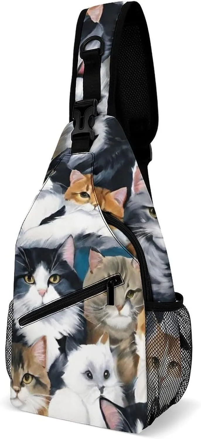 Men & Women Gym Bags Sack Daypack Outdoor Backpack, Cat Breeds Packed Cats Art Sling Bag Backpack Backpacking for Climbing Camping Cycling Travel - Durable Tactical Satchel