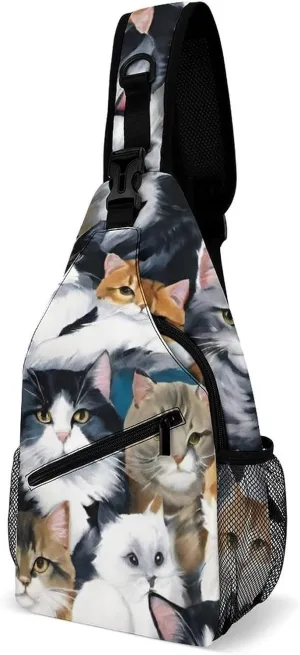 Men & Women Gym Bags Sack Daypack Outdoor Backpack, Cat Breeds Packed Cats Art Sling Bag Backpack Backpacking for Climbing Camping Cycling Travel - Durable Tactical Satchel