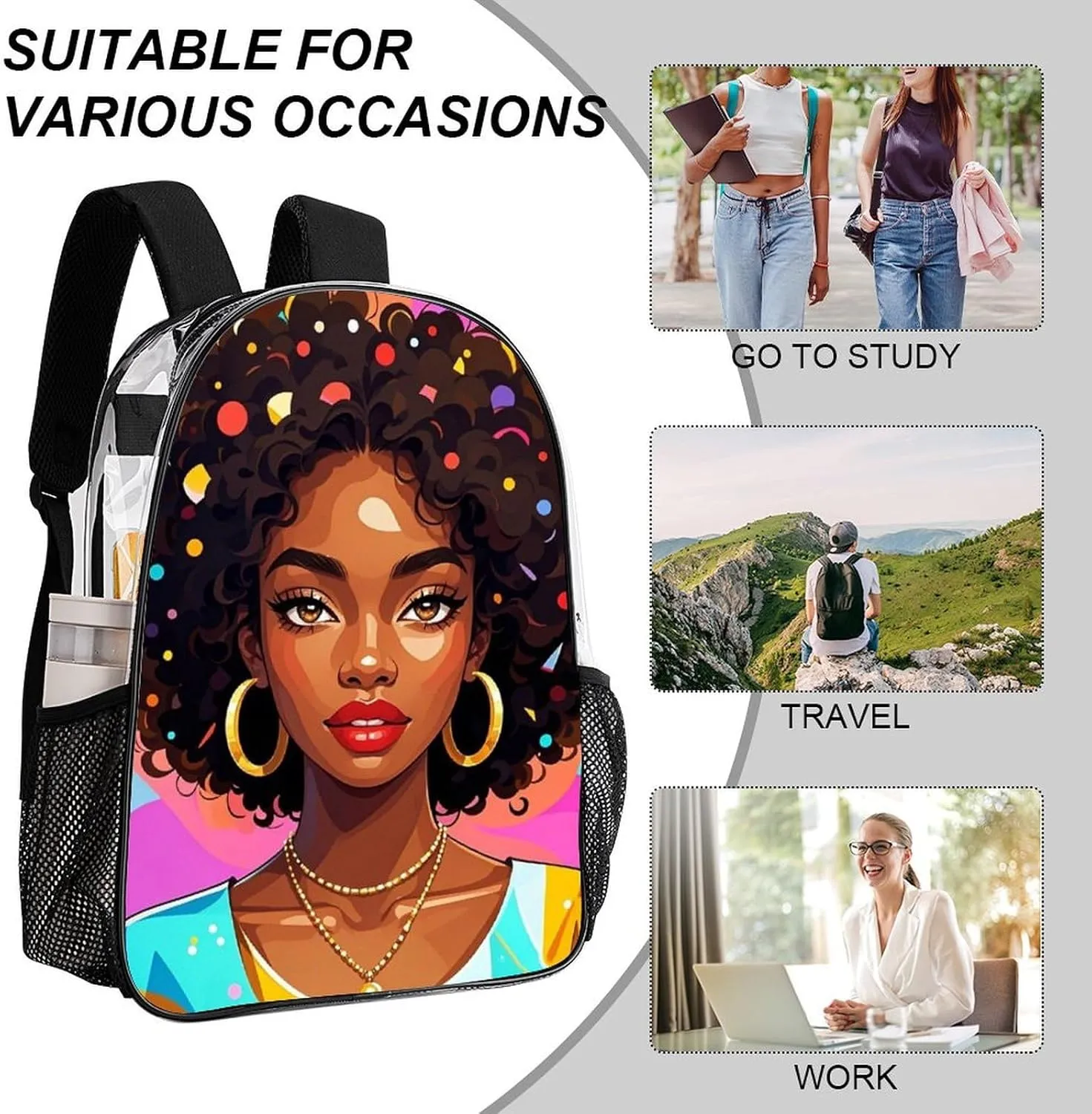 Men & Women Lightweight Chic Cartoon Black Woman African American Women Art Casual Daypack Large Capacity Bookbag Transparent Bag for Gym Business Bicycle