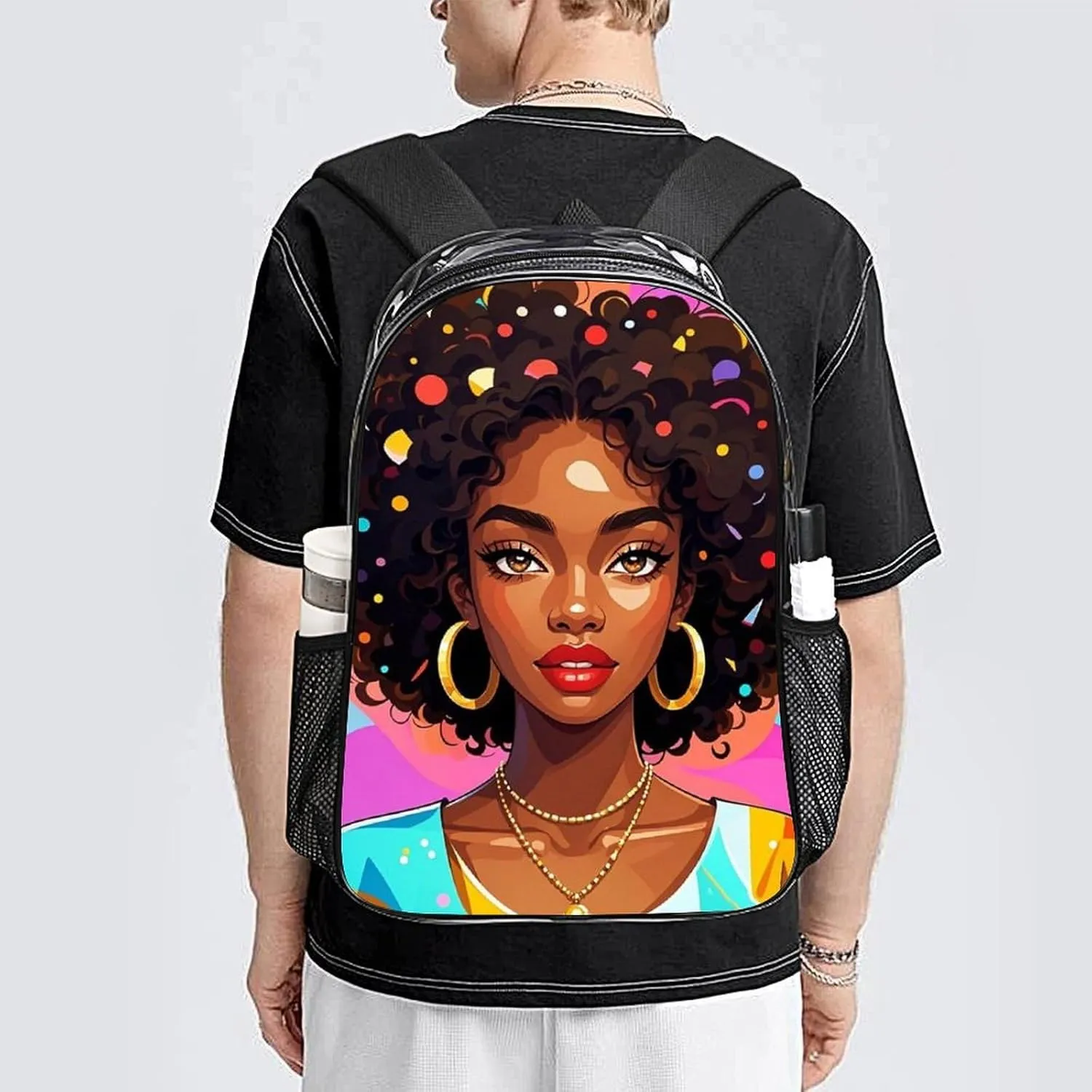 Men & Women Lightweight Chic Cartoon Black Woman African American Women Art Casual Daypack Large Capacity Bookbag Transparent Bag for Gym Business Bicycle